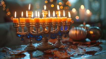 Hanukkah background image with menorah (traditional candelabra) and candles burning - obrazy, fototapety, plakaty