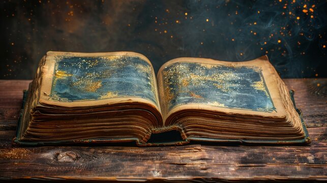 With a glittery background, an antique book is open on a wooden table