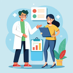 Doctor and Nurse Presenting Infographic to Patient, doctor and nurse showing patient infographic, Simple and minimalist flat Vector Illustration
