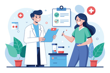 Male and Female Doctors Standing in Front of Clipboard, doctor and nurse showing patient infographic, Simple and minimalist flat Vector Illustration