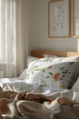 Scandinavian Serenity: Bedroom with Floral Patterned Throw Pillows on a Neutral Palette