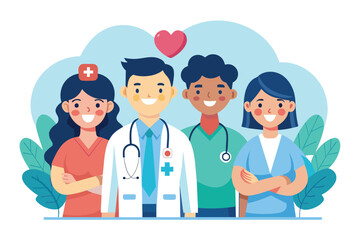 Fototapeta premium A group of doctors and nursing team members standing in unity and solidarity, doctor and nursing team, Simple and minimalist flat Vector Illustration
