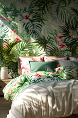 "Tropical Tranquility: Palm Leaf Wallpaper and Floral Bedding