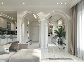 modern interior design of a small living room with an entrance and kitchen in the background, white walls, arched doorways, curved shapes, light gray and dark beige colors, luxury style