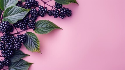 A branch of blackberries on a pink background.