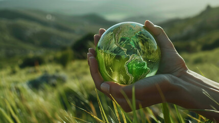Eco Hands Embracing Green Globe in glass. Protecting Planet Together.Environment Earth Day. 