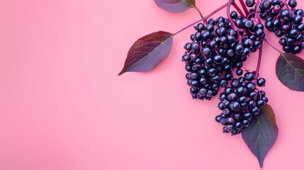 A branch of blackberries on a pink background. - obrazy, fototapety, plakaty