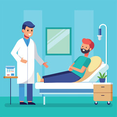 A man in a hospital bed being examined by a doctor in a hospital room, doctor visits patient in hospital room, man lying in bed, Simple and minimalist flat Vector Illustration