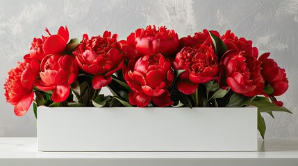 A stunning gift box adorned with vibrant red peonies rests elegantly on a pristine white table leaving room for personalization This charming display embodies the convenience of online shop