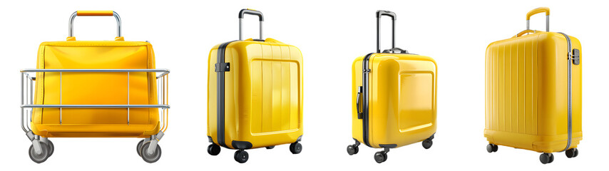 Bright yellow suitcases and luggage cart isolated on white background