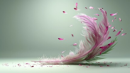   A pink and white feather against a green background with light pink petals