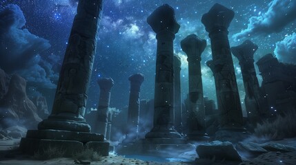 Ancient Ruins under the Stars: A Portal to Forgotten Gods Amidst the remnants of an ancient...