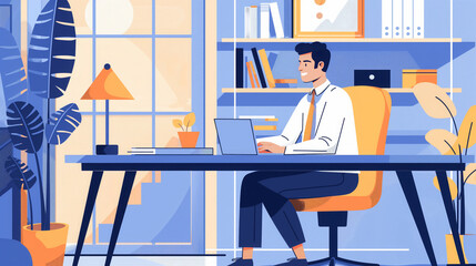 Illustration of office with a person on a laptop. Man working at office with happy atmosphere.
