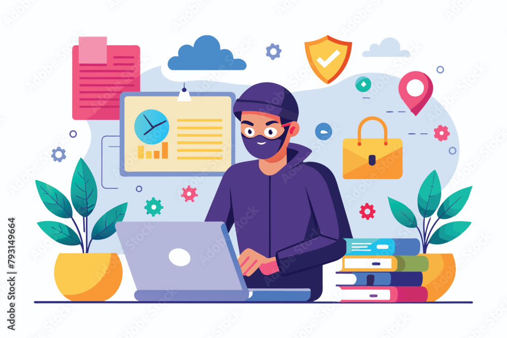 Poster a man seated in front of a laptop computer, document security hacker trending, simple and minimalist