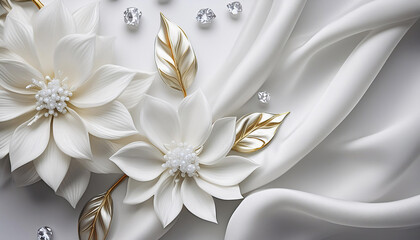 White background with flowers, silk and diamonds