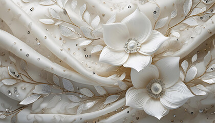 White background with flowers, silk and diamonds