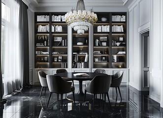 Modern interior design of a dining room with bookshelves, a round table and chairs in a dark gray color, three chandeliers above the ceiling, black marble floor tiles, white walls, 
