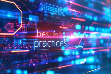 digital glowing  neon text "best practices" on a digital network background