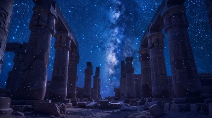 Ancient Ruins under the Stars: A Portal to Forgotten Gods Amidst the remnants of an ancient civilization, where columns stand as silent sentinels under a star - obrazy, fototapety, plakaty