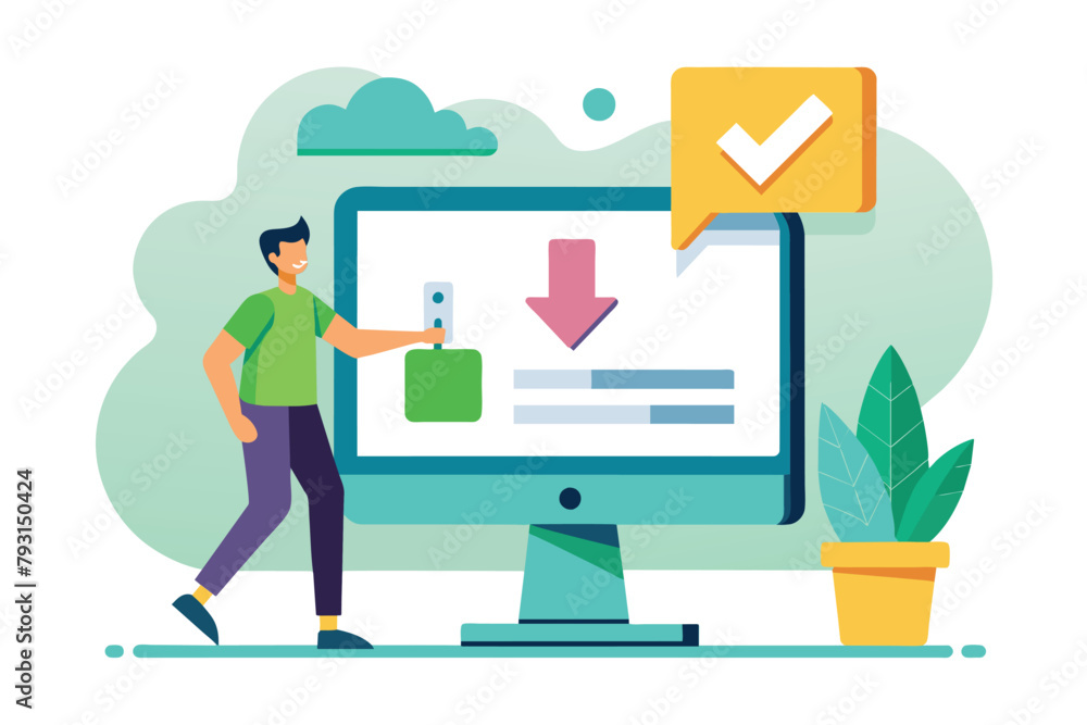 Poster man standing in front of computer screen with check mark, download button on the computer screen and