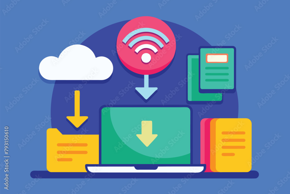 Poster a laptop displaying a strong wifi connection signal on its screen., download files with wi-fi networ