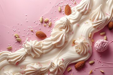 A white frosted dessert with a pink background and sprinkles