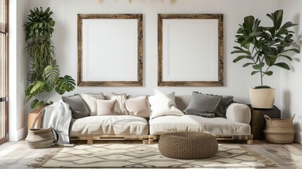 A living room with a white couch and two framed pictures on the wall. The couch is covered in pillows and there is a potted plant in the corner. The room has a cozy and inviting atmosphere