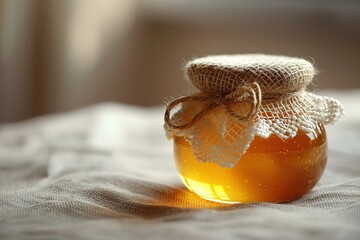 A jar of honey is sitting on a table. The jar is covered with a cloth and has a string tied around it - obrazy, fototapety, plakaty