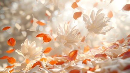   White and orange blooms hovering above, backdrop of indistinct orange and white petals