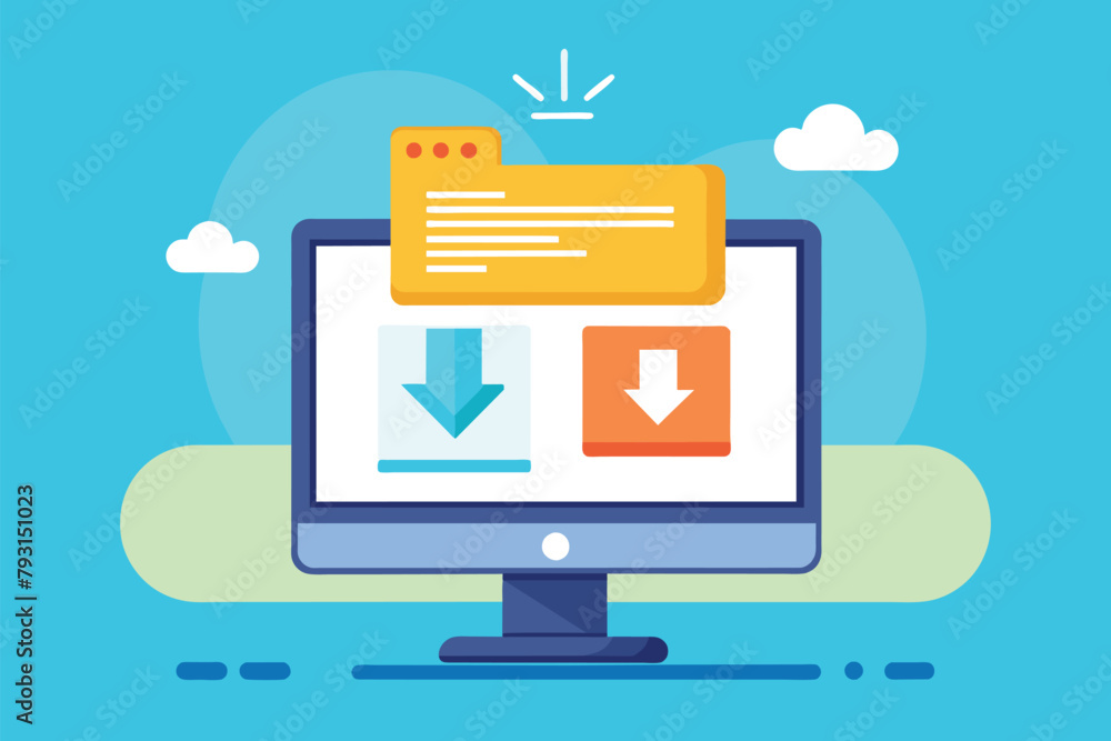 Poster a folder placed on a computer screen, symbolizing file transfer or organization, downloading files o