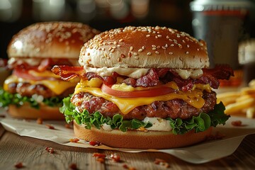 An image of two chicken fillet burgers with lettuce, tomato, and cheese in the same bun.