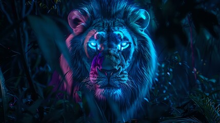 a lion with bright neon illumination in dark forest