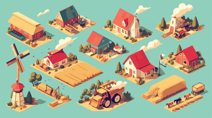 Vector 3d isometric rural farms set with tractor co