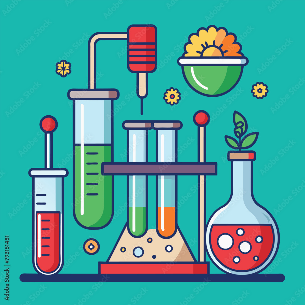 Poster a drug testing laboratory conducting experiments using test tubes and flasks in a simple and minimal