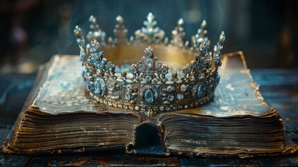 The ancient crown and a book are shown over a gothic black background. The medieval period is referred to as the Middle Ages. - obrazy, fototapety, plakaty