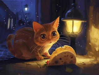 Beneath the golden glow of a streetlamp, a curious cat with wide eyes cautiously approaches a halfeaten taco, its whiskers twitching as it takes its first tentative lick - obrazy, fototapety, plakaty