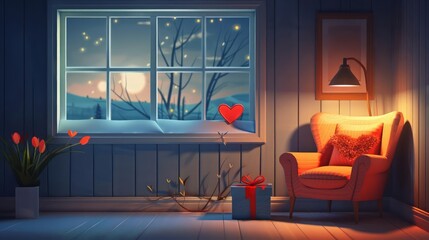 A cozy papercut armchair, adorned with a papercut heartshaped cushion, sits beneath a papercut window Moonlight streams in, illuminating a wrapped papercut gift nestled beside the chair  a quiet corne