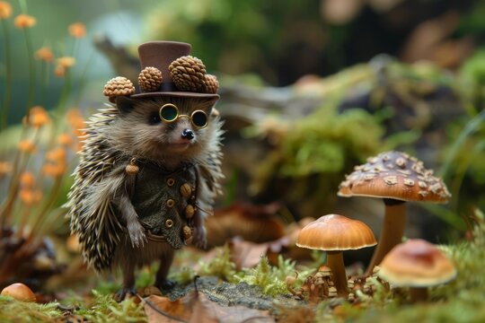 A dapper hedgehog, sporting a miniature monocle and a top hat crafted from a tiny acorn cap, strolls through his manicured mushroom garden His pockets bulge with golden acorns  a successful little tyc
