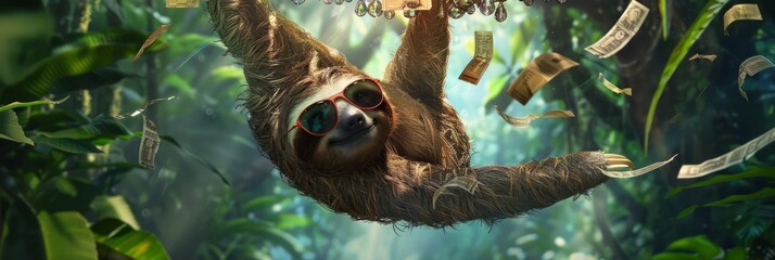Naklejka premium A sunglasseswearing sloth hangs upside down from a diamondencrusted chandelier in his luxurious treehouse Papers documenting his latest successful investment deal flutter around him this slowpoke is
