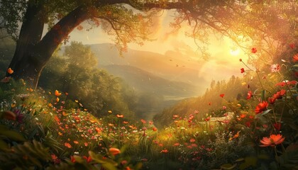 A serene summer landscape unfolds, with vibrant flowers blooming under the gentle glow of a setting sun, casting warm hues across the tranquil scene, art concept - obrazy, fototapety, plakaty