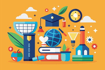 Naklejka premium Books, globe, clock, and more arranged on a yellow background for a simple and minimalist educational theme, Education elements, Simple and minimalist flat Vector Illustration