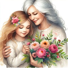 Watercolor Illustration: Mother and Daughter Sharing a Flower Bouquet. Mother's Day Concept