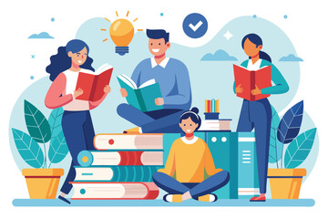 Group of People Sitting on Top of a Pile of Books, education learning concept likes to read people read or students study, Simple and minimalist flat Vector Illustration