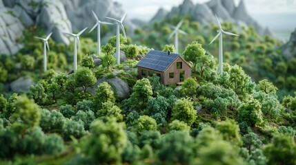 Tilt-shift lens captures a tiny world of clean energy initiatives, emphasizing corporate responsibility and environmental stewardship. 