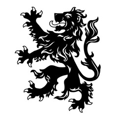 Naklejka premium Heraldic lion black silhouette. Template, pattern, symbol, sign, line, icon, silhouette, tattoo. Isolated vector illustration.