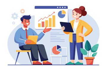 A man and a woman are analyzing a chart together, discussing business strategy in an office setting, Employee business strategy report to boss, Simple and minimalist flat Vector Illustration