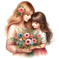 Watercolor Illustration: Mother and Daughter Sharing a Flower Bouquet. Mother's Day Concept - obrazy, fototapety, plakaty