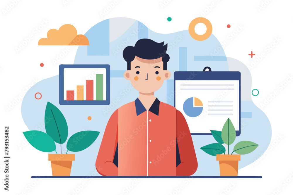 Aufkleber a man stands in front of a clipboard with various graphs, analyzing data, employee presentation tren