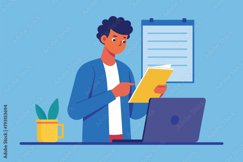 Poster a man sits at a desk with a laptop open in front of him, typing on the keyboard and referencing a cl
