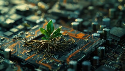In the heart of a disused motherboard, a small plant finds life, its roots entwined with circuits and solder, a symbol of nature reclaiming technological wasteland